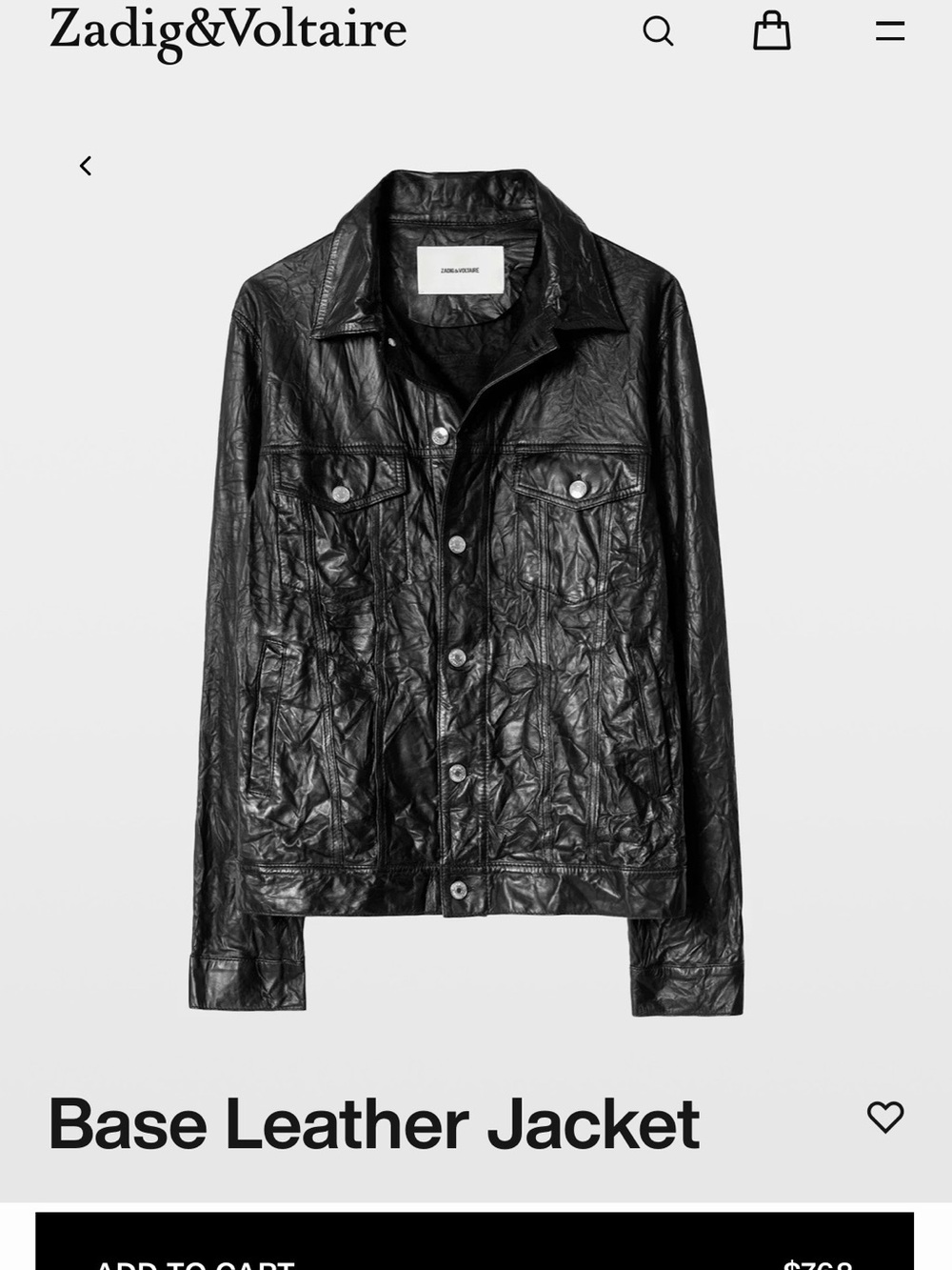 Zadig & Voltaire Black Crinkled Leather Bomber Jacket